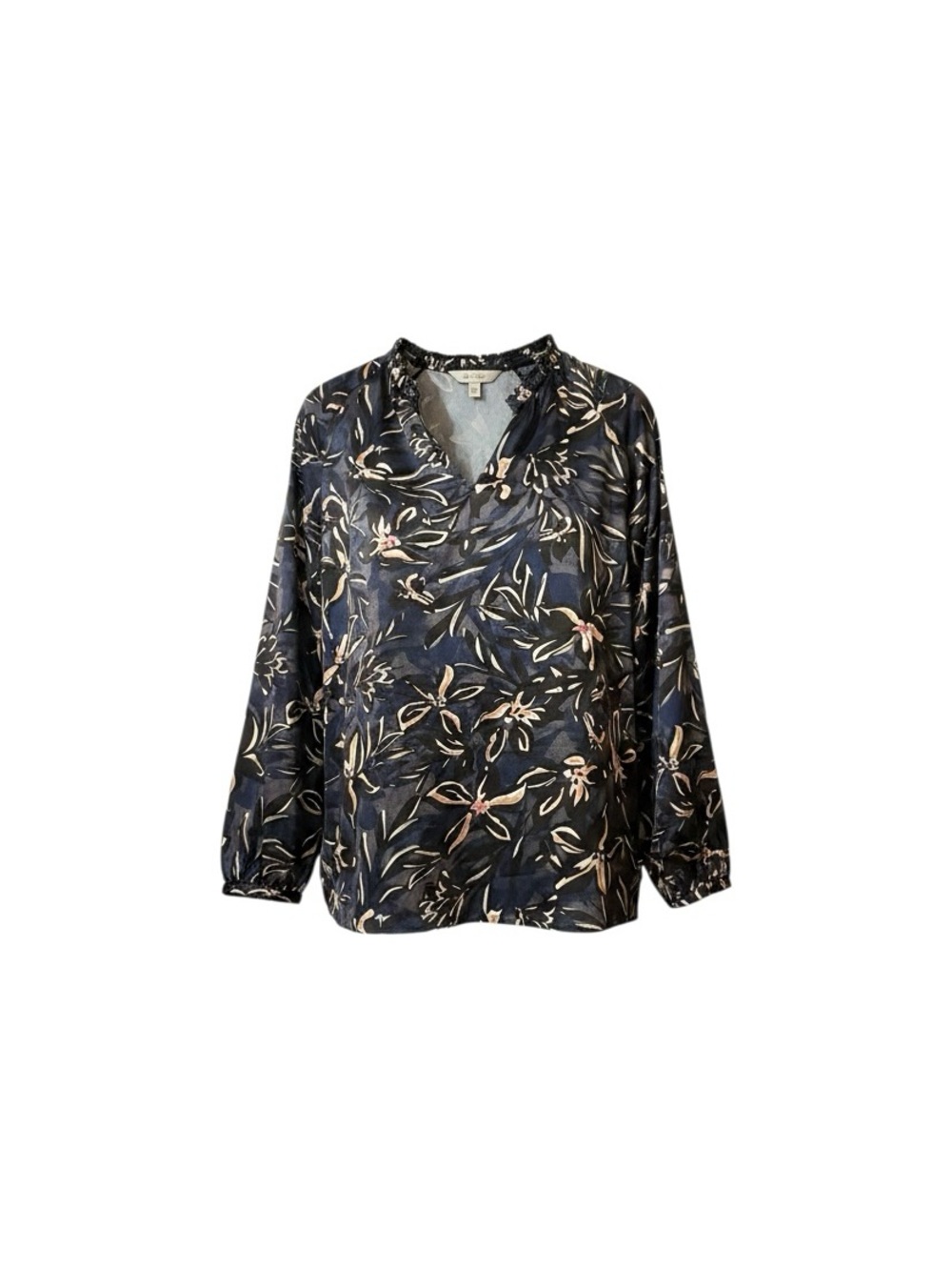 Tahari Navy Floral Print Blouse with Blush Accents
